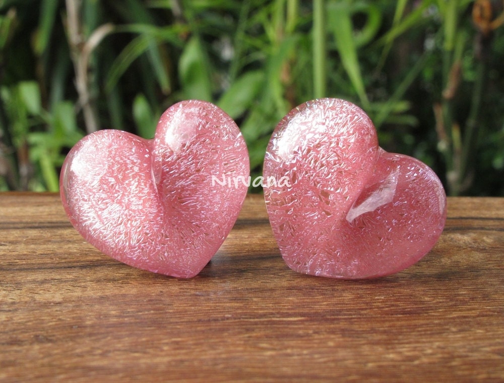1 Pair (2 Pieces) Pastel Pink Dichroic Glass Heart Plugs Pyrex