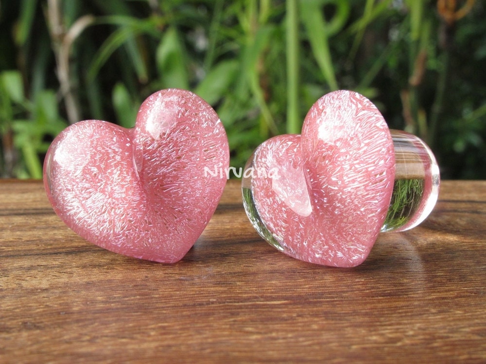 1 Pair (2 Pieces) Pastel Pink Dichroic Glass Heart Plugs Pyrex