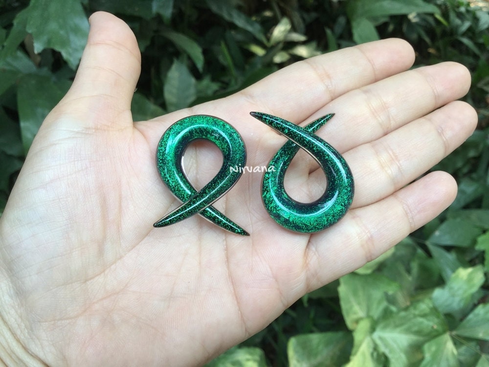 1 Pair (2 Pieces) Emerald Green Dichroic Glass Single Twists Spirals