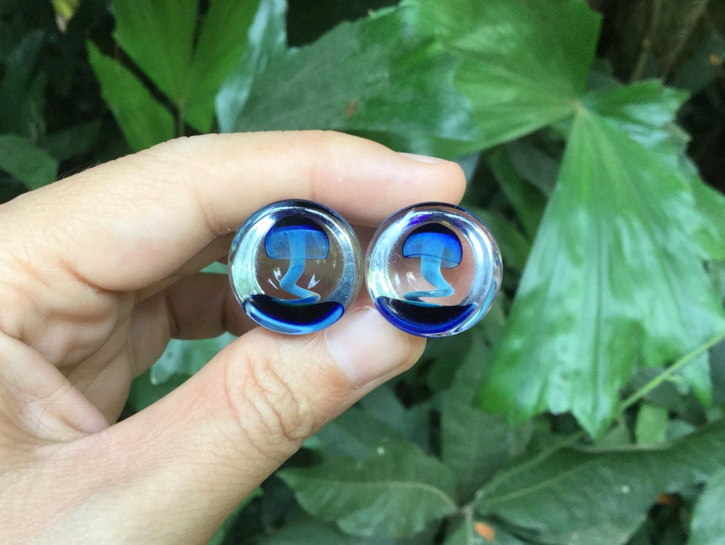 1 Pair (2 Pieces) Magic Mushroom Plugs Pyrex Glass Exotic Dark Blue