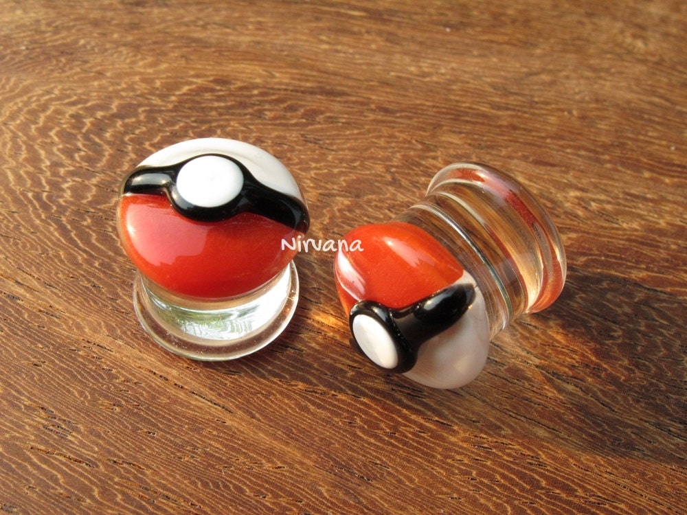 1 Pair (2 Pieces) Pokemon Stye Poke Ball Pyrex Glass Plugs