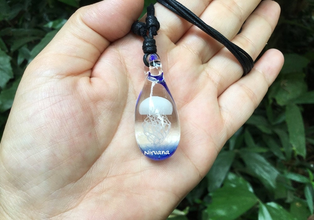 Custom Made Opalescent Jellyfish Pendant with Translucent Light Cobalt background on an Adjustable Black Cord