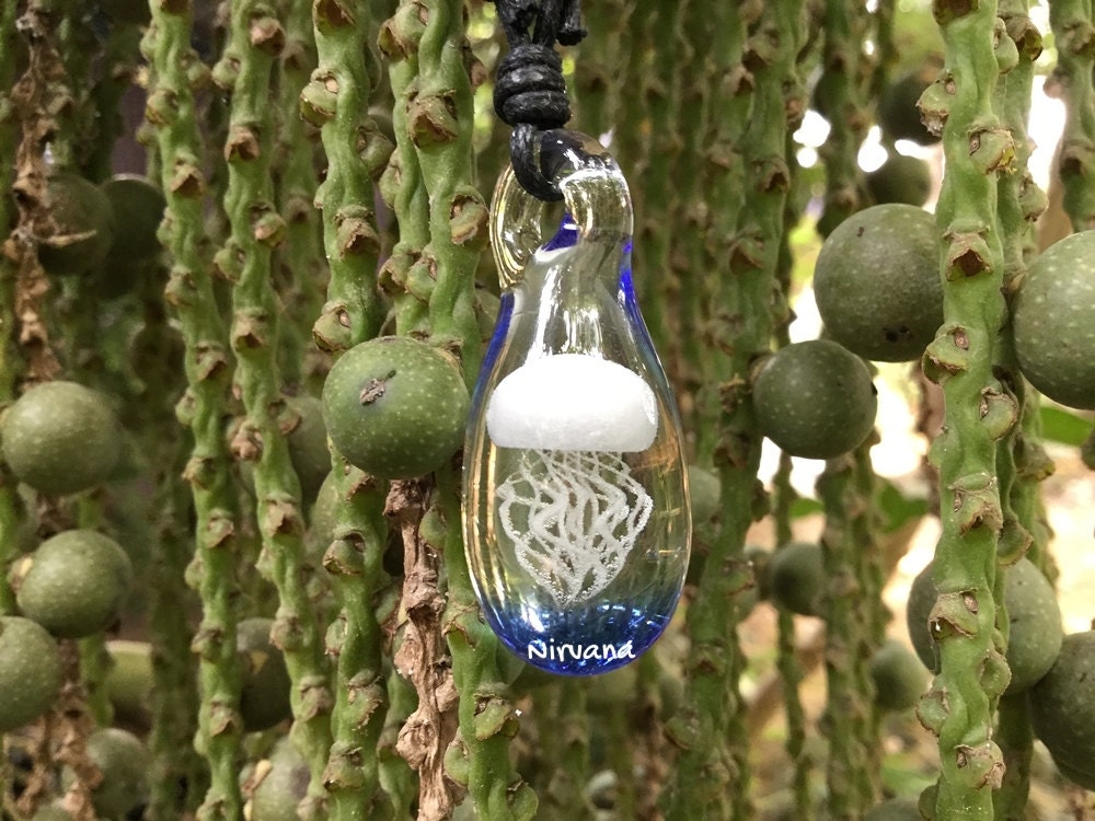 Custom Made Opalescent Jellyfish Pendant with Translucent Light Cobalt background on an Adjustable Black Cord