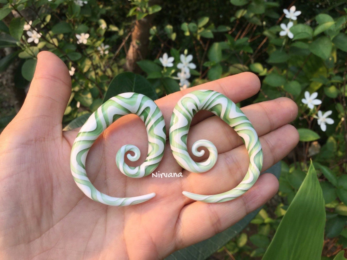 1 Pair (2 Pieces) White & Translucent Light Green Snake Tear Drop Spirals Pyrex Glass