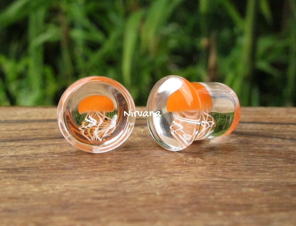 1 Pair (2 Pieces) Pyrex Glass Orange Head Jellyfish Plugs with White & Orange Legs