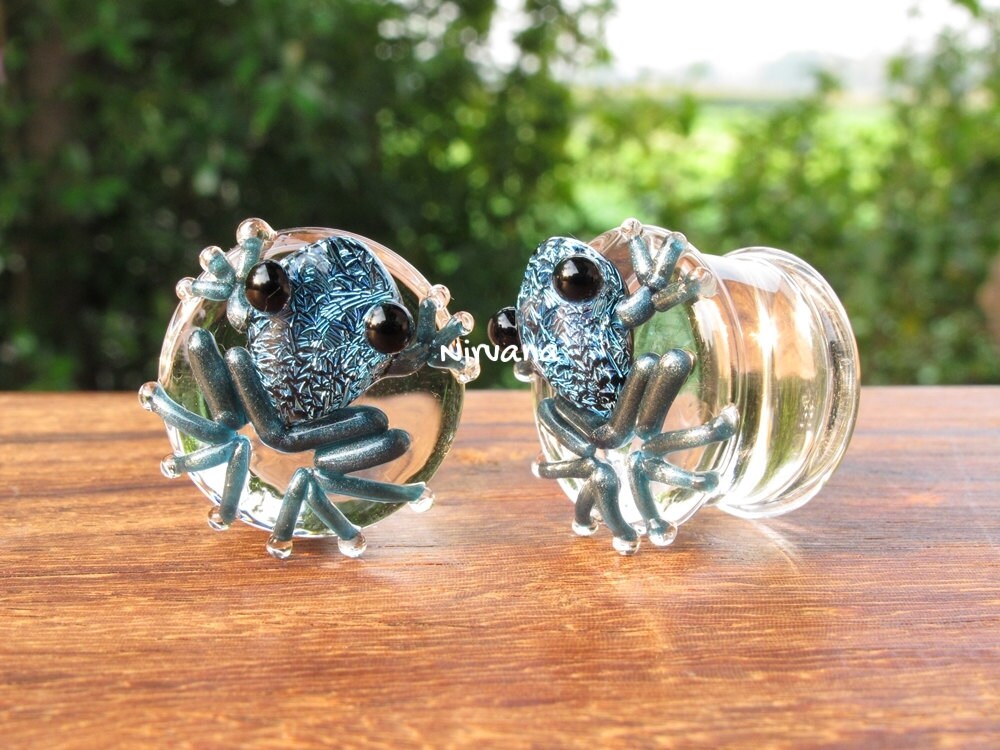 1 Pair (2 Pieces) Dichroic Solid Aqua Blue Poison Tree Frog Plugs