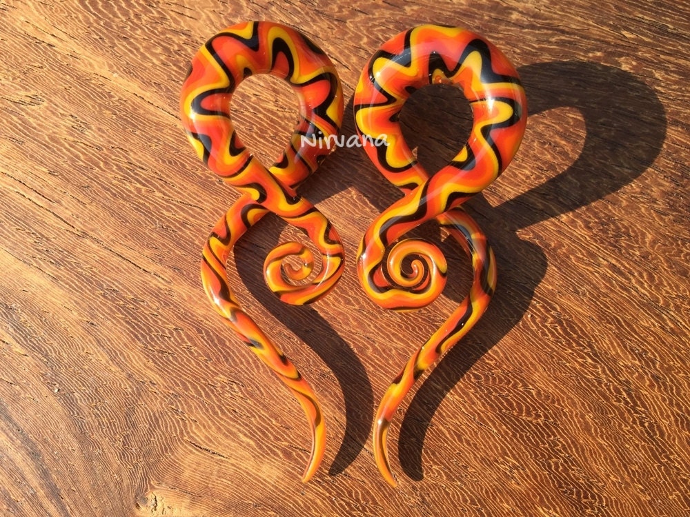 1 Pair (2 Pieces) Orange/Red/Yellow/ Black Snake Notes Glass
