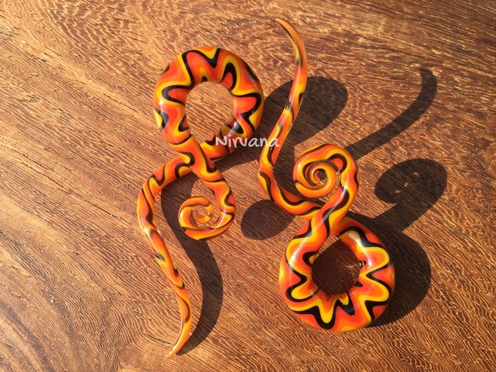 1 Pair (2 Pieces) Orange/Red/Yellow/ Black Snake Notes Glass
