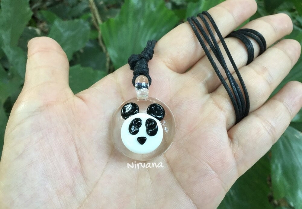 1 Piece - Custom Made Panda Glass Pendant Critters With Adjustable Black Cord