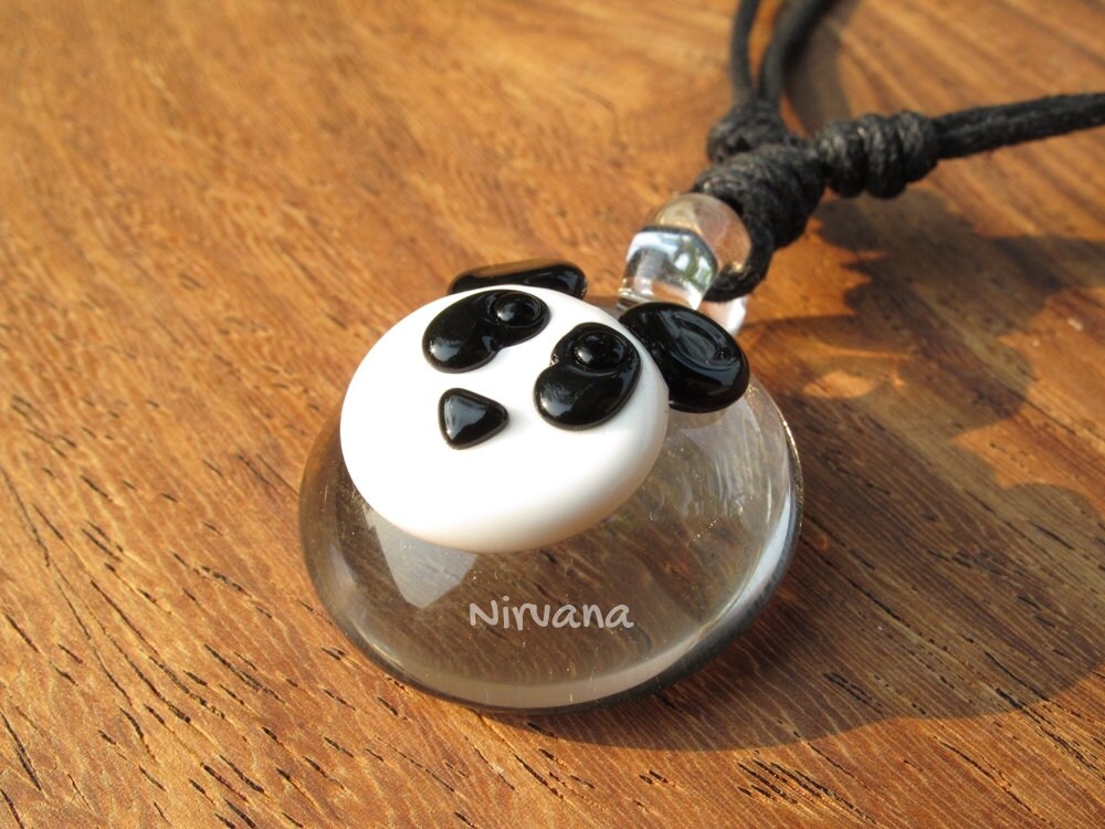 1 Piece - Custom Made Panda Glass Pendant Critters With Adjustable Black Cord