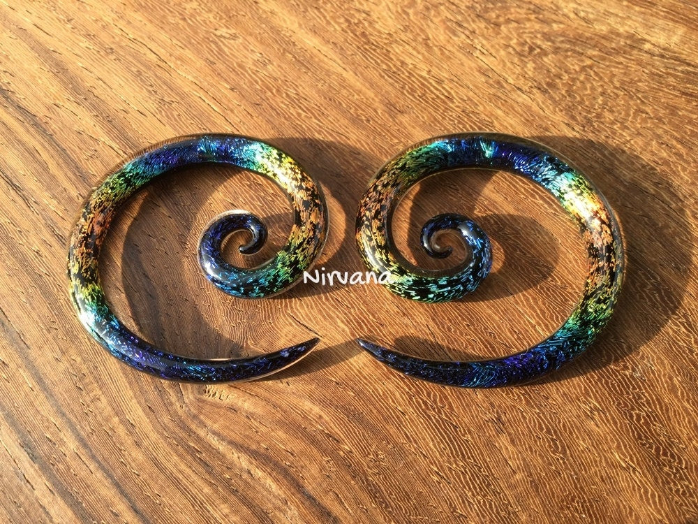 1 Pair (2 pieces) Aquatic Rainbow Dichroic Glass Note Spirals