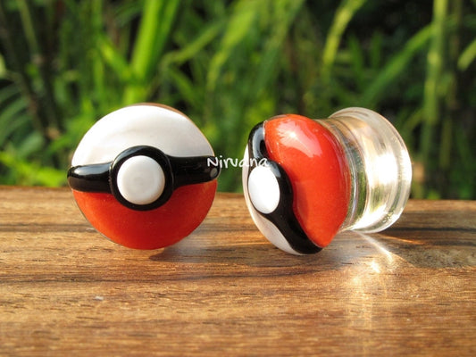 1 Pair (2 Pieces) Pokemon Stye Poke Ball Pyrex Glass Plugs