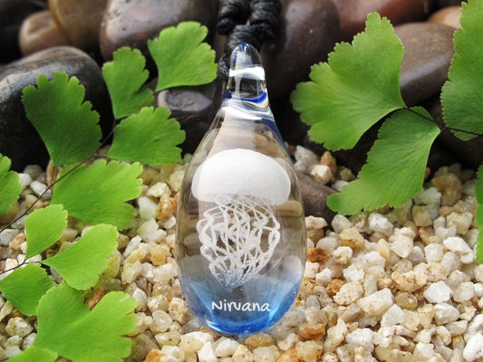 Custom Made Opalescent Jellyfish Pendant with Translucent Light Cobalt background on an Adjustable Black Cord