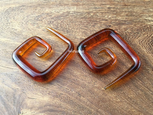 1 Pair (2 Pieces) Translucent Amber Colored Glass Square Spirals