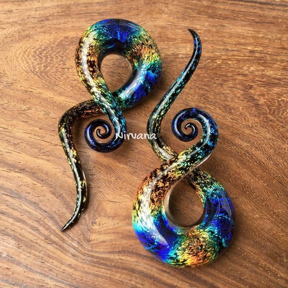 1 Pair (2 Pieces) Aquatic Rainbow Dichroic Glass Cork Screw Spirals