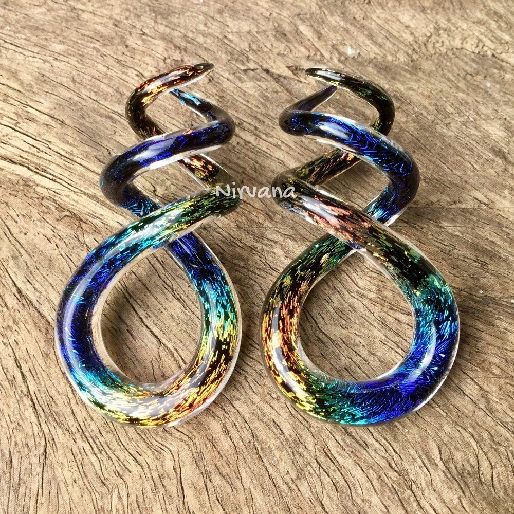 1 Pair (2 Pieces) Aquatic Rainbow Dichroic Glass Cork Screw Spirals