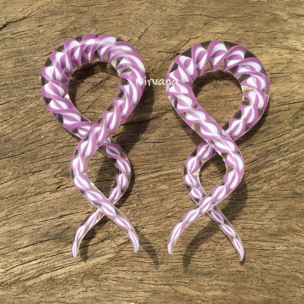 1 Pair (2 Pieces) Mauve & White Double Twist Ear Shapes Glass