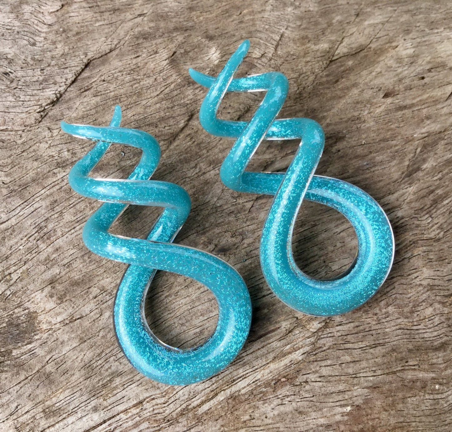 1 Pair (2 Pieces) Light Opal Blue Dichroic Glass Cork Screw Spirals