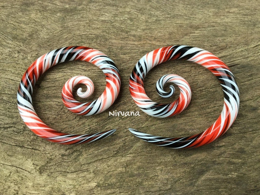 1 Pair (2 Pieces) Black, Red & White Free Style Super Spirals Glass