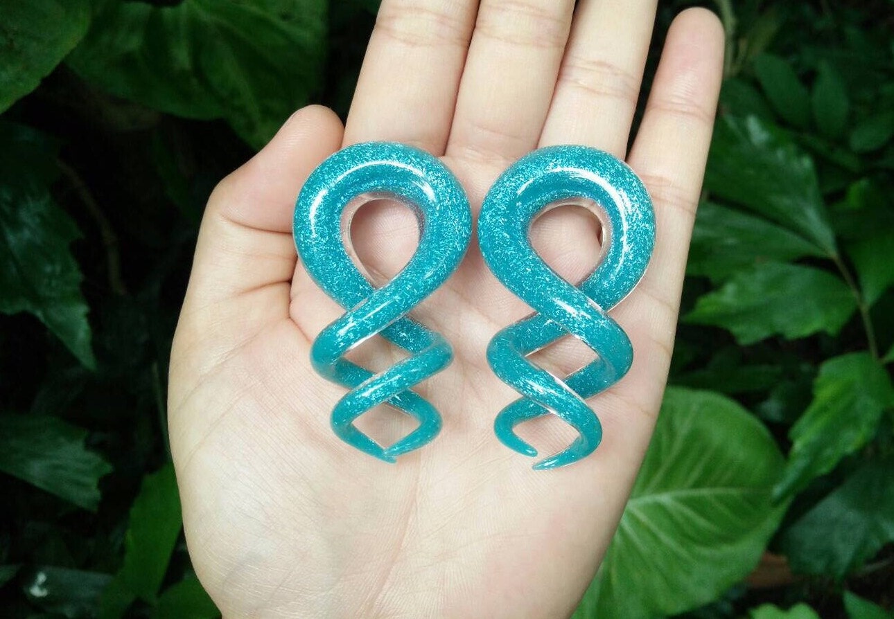 1 Pair (2 Pieces) Light Opal Blue Dichroic Glass Cork Screw Spirals