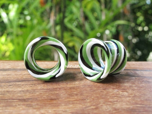 1 Pair (2 Pieces) Jade Black & White Twist Tunnels Pyrex Glass
