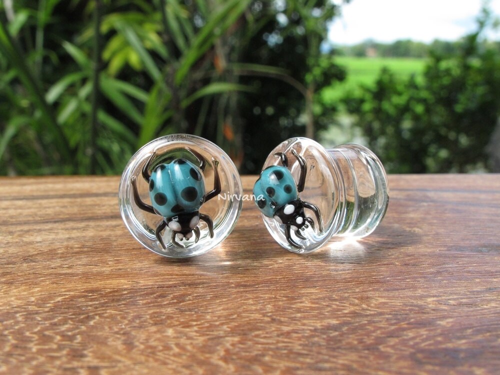 1 Pair (2 Pieces) Blue Ladybug Plugs Pyrex Glass