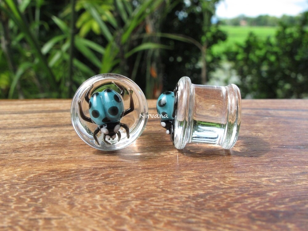 1 Pair (2 Pieces) Blue Ladybug Plugs Pyrex Glass