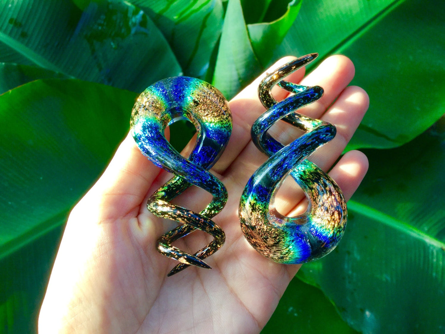 1 Pair (2 Pieces) Aquatic Rainbow Dichroic Glass Cork Screw Spirals