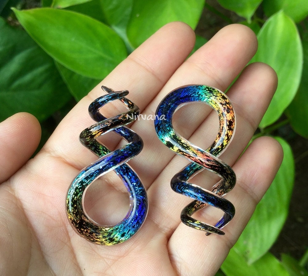 1 Pair (2 Pieces) Aquatic Rainbow Dichroic Glass Cork Screw Spirals