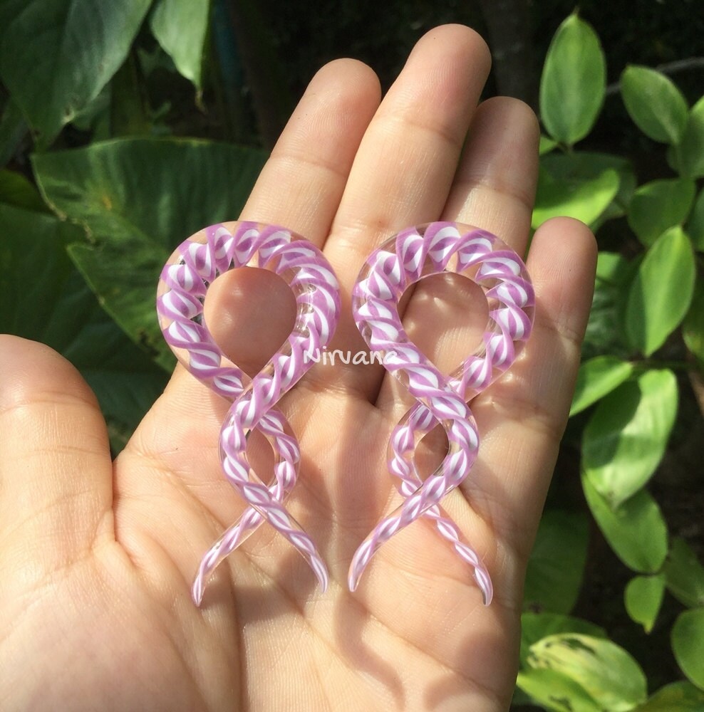 1 Pair (2 Pieces) Mauve & White Double Twist Ear Shapes Glass