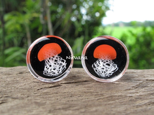 1 Pair (2 Pieces) Red Pyrex Glass Jellyfish Plugs on Black
