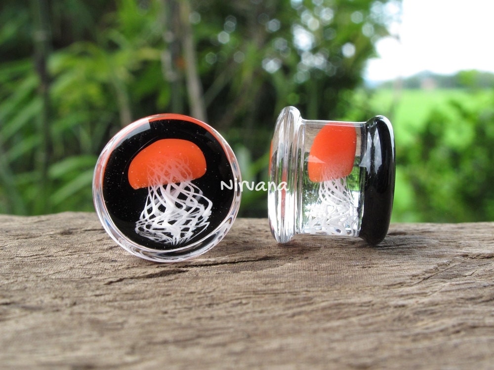 1 Pair (2 Pieces) Red Pyrex Glass Jellyfish Plugs on Black