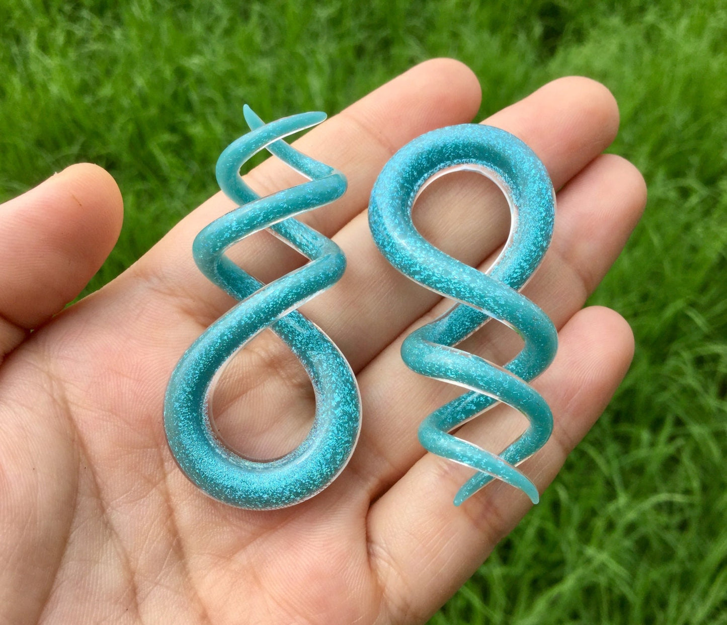 1 Pair (2 Pieces) Light Opal Blue Dichroic Glass Cork Screw Spirals