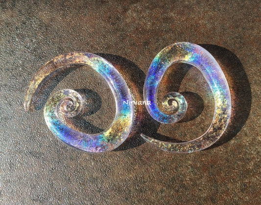 1 Pair (2 Pieces) Translucent Rainbow Trans Pink Dichroic Glass Tear Drop Spirals