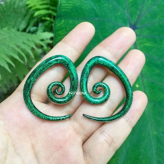 1 Pair (2 Pieces) Emerald Green Dichroic Glass Tear Drop Spirals