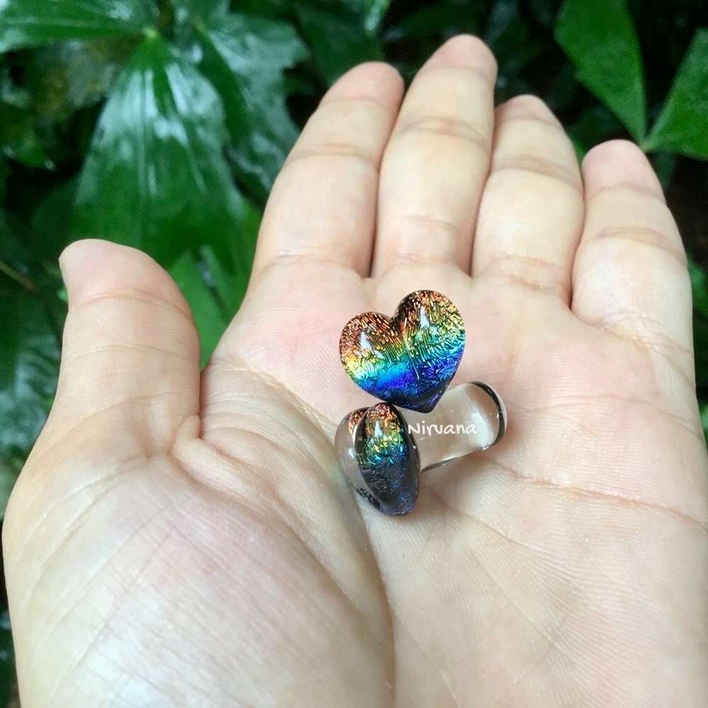1 Pair (2 pieces) Aquatic Rainbow Dichroic Glass Heart Plugs