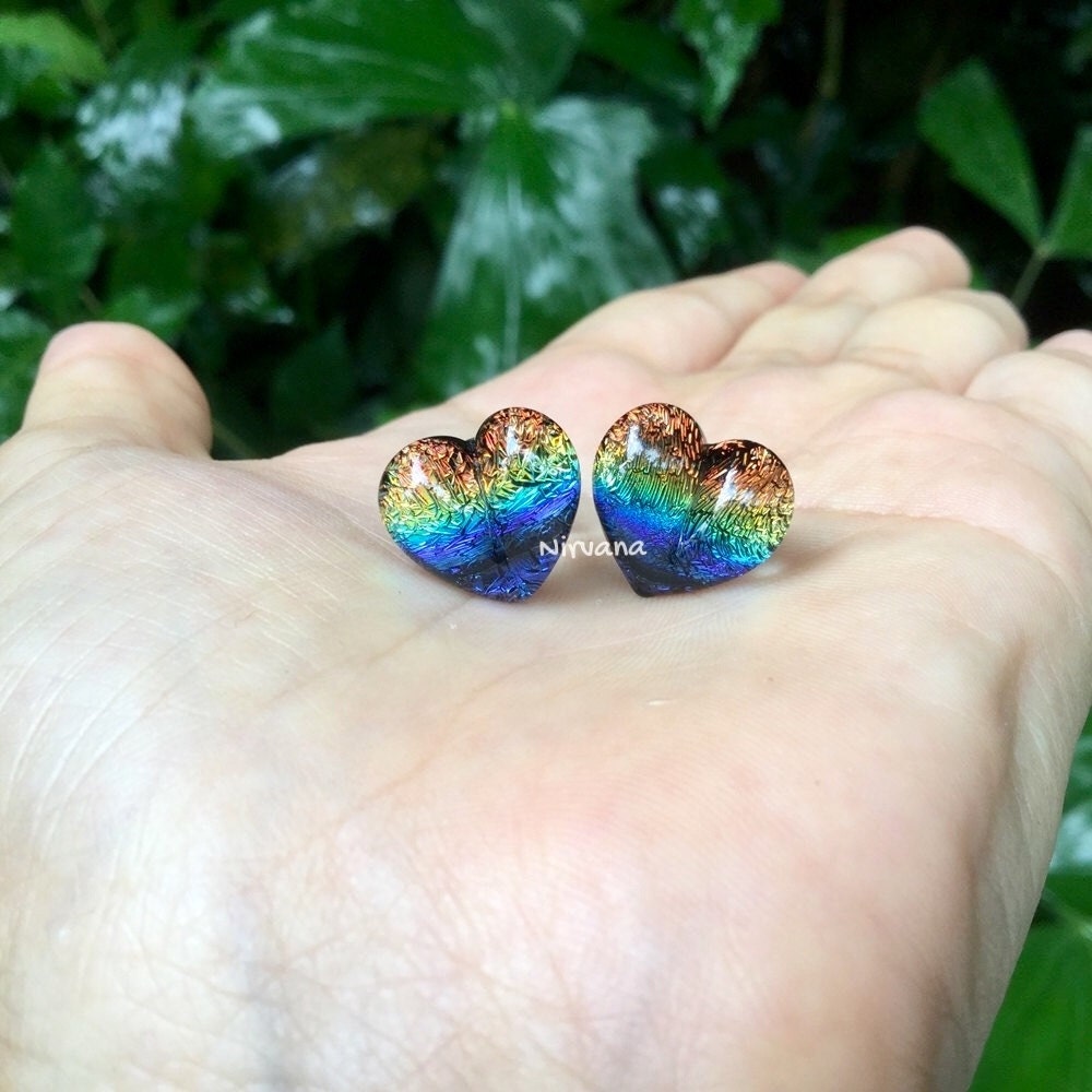 1 Pair (2 pieces) Aquatic Rainbow Dichroic Glass Heart Plugs