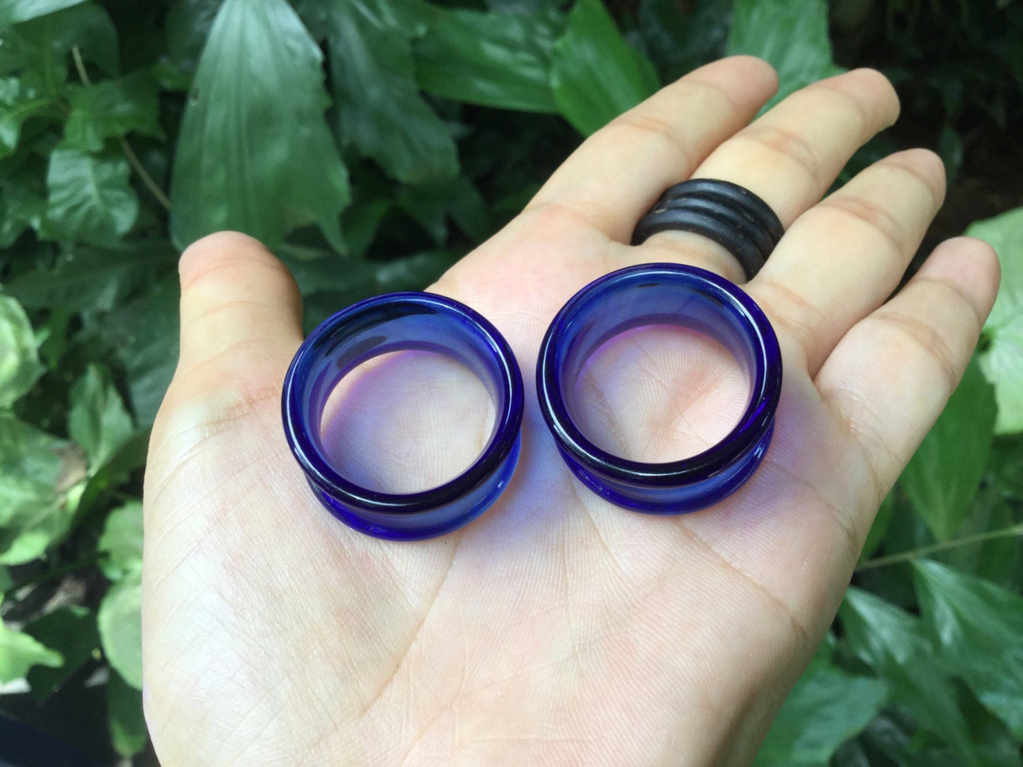 1 Pair (2 Pieces) Cobalt Blue Tunnels Pyrex Glass Gauges