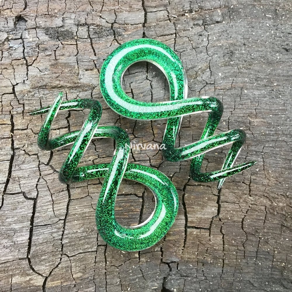 1 Pair (2 Pieces) Emerald Green Dichroic Glass Cork Screw Spirals