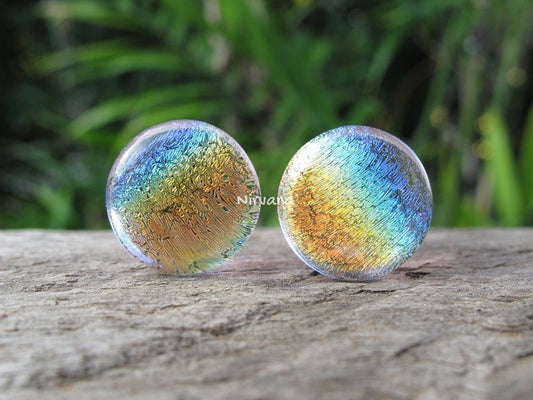 1 Pair (2 Pieces) Translucent Aquatic Rainbow Dichroic Glass Plugs on Translucent Pink