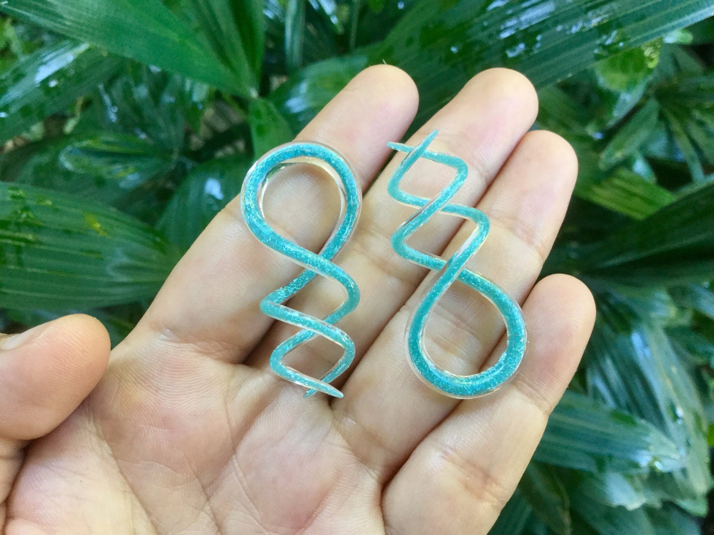 1 Pair (2 Pieces) Light Opal Blue Dichroic Glass Cork Screw Spirals