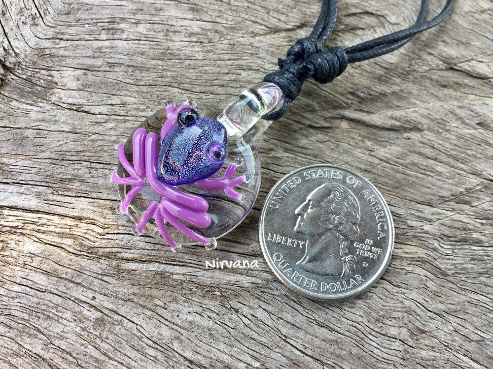 1 Piece - Custom Made Dichroic Dark Purple Poison Tree Frog Glass Pendant Critters With Adjustable Black Cord