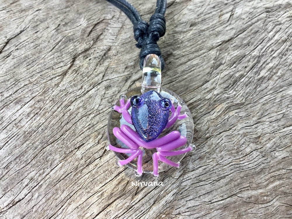 1 Piece - Custom Made Dichroic Dark Purple Poison Tree Frog Glass Pendant Critters With Adjustable Black Cord