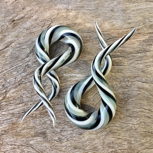 1 Pair (2 Pieces) Black, White & Silver Double Twist Glass Shapes