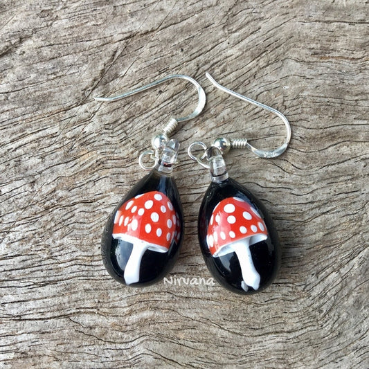 1 Pair - Custom Made Red Magic Mushroom hanging earrings on .925 Sterling Silver ear wires