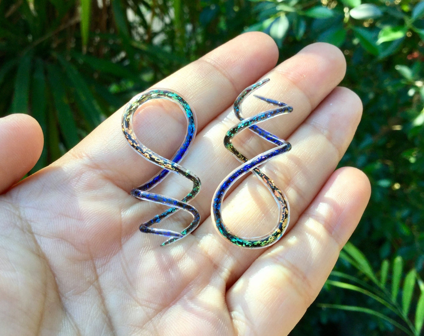 1 Pair (2 Pieces) Aquatic Rainbow Dichroic Glass Cork Screw Spirals