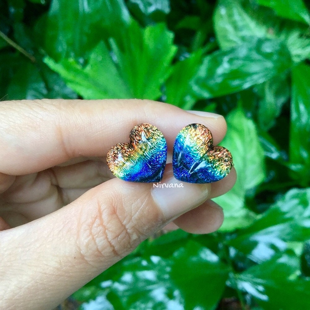 1 Pair (2 pieces) Aquatic Rainbow Dichroic Glass Heart Plugs