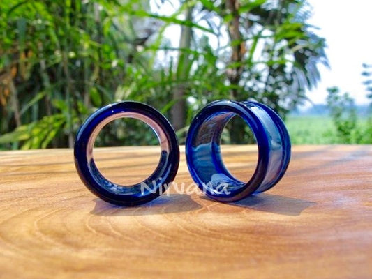 1 Pair (2 Pieces) Cobalt Blue Tunnels Pyrex Glass Gauges