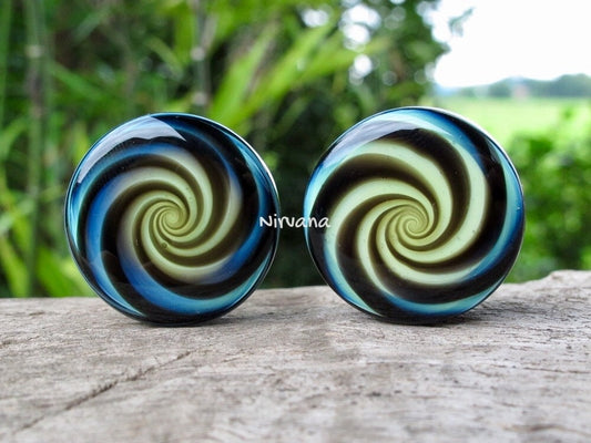 1 Pair (2 Pieces) Nirvana Hypnotic Swirl Plugs Pyrex Glass