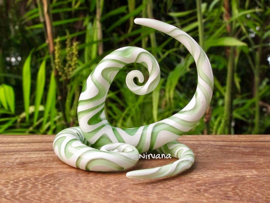 1 Pair (2 Pieces) White & Translucent Light Green Snake Tear Drop Spirals Pyrex Glass